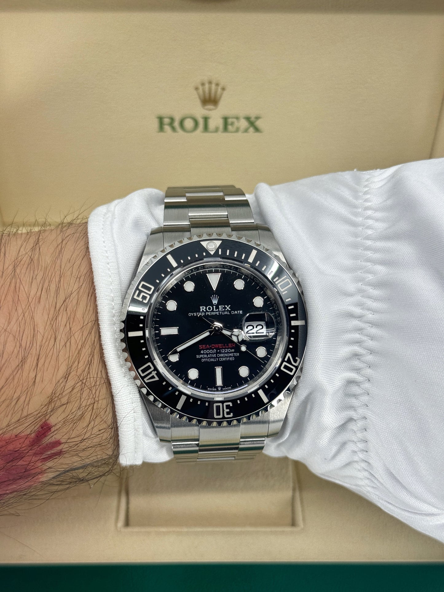 Pre-owned Rolex Sea-Dweller 43mm, Stainless Steel, Red Letters, Black, Ref# 126600, dated 2024