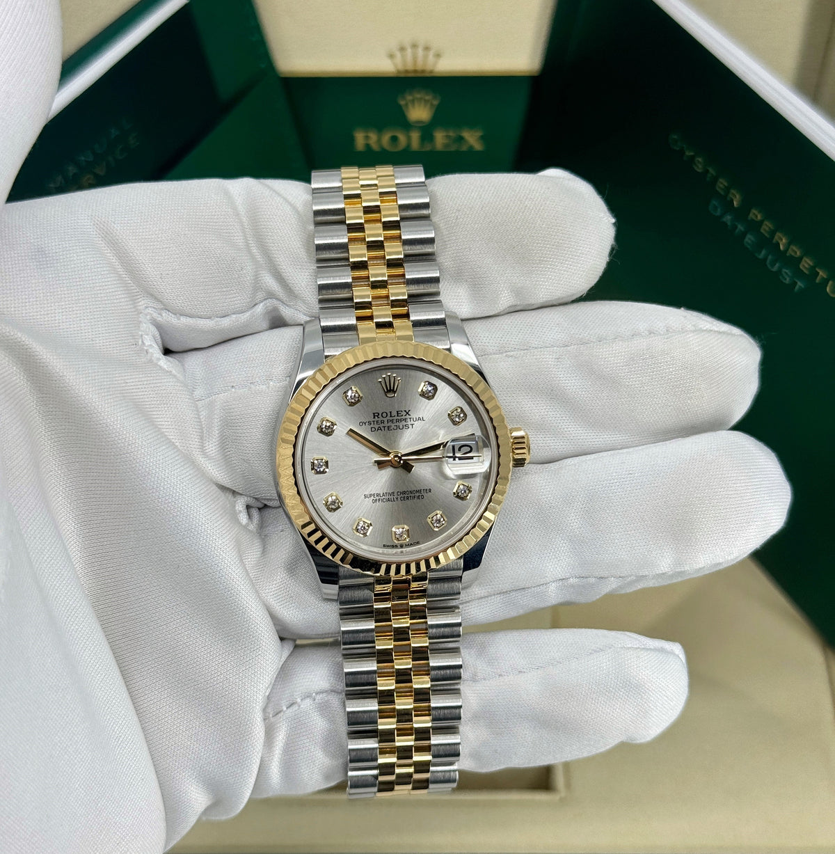 Rolex Datejust 31mm, 18k YG & Stainless Steel, Silver Diamond, Jubilee, Ref# 278273-0020, dated 2026