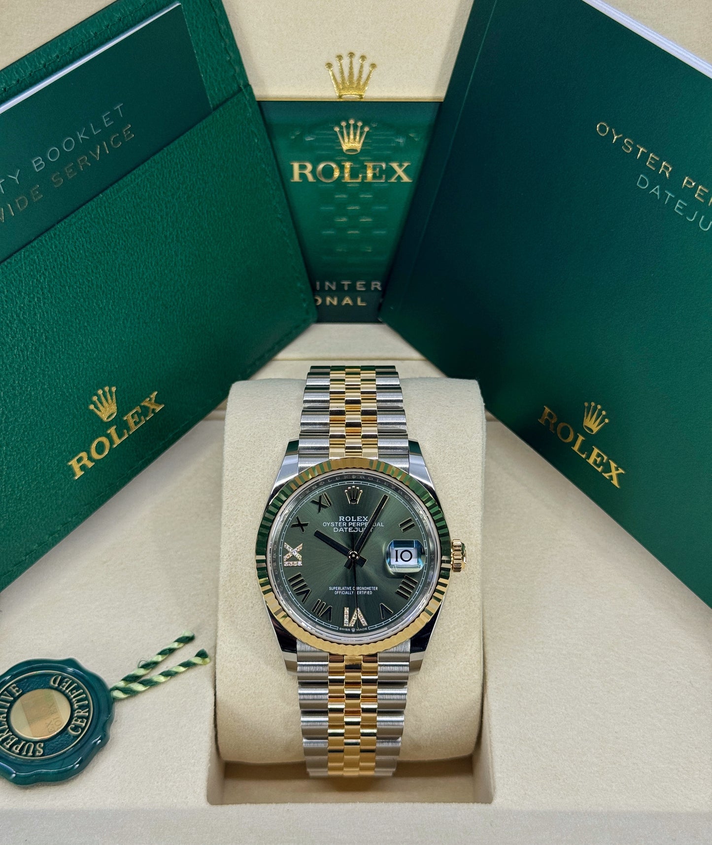 Rolex Datejust 36mm, 18k YG & Stainless Steel, Olive Green Roman Diamond, Jubilee, Ref# 126233-0049, dated 2026