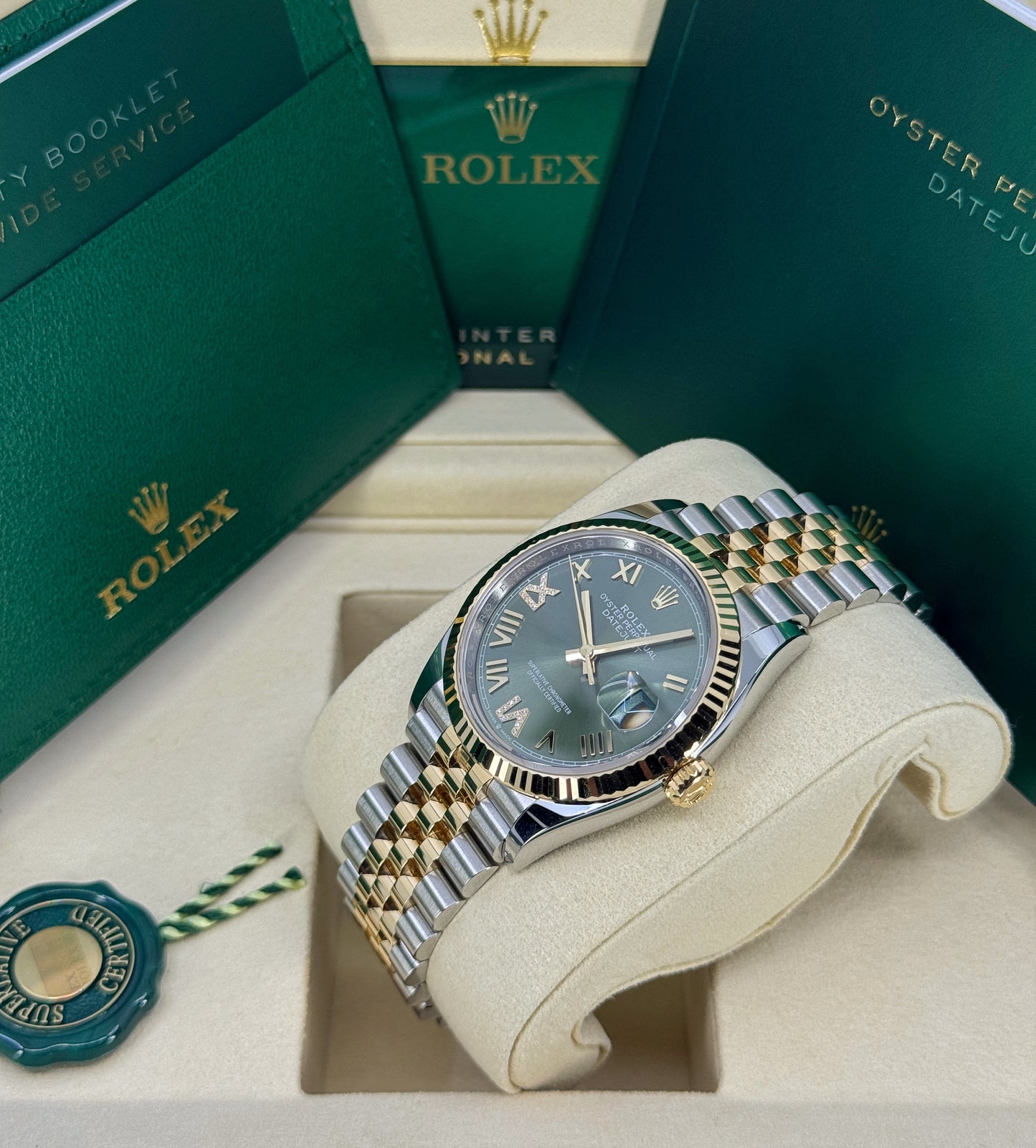Rolex Datejust 36mm, 18k YG & Stainless Steel, Olive Green Roman Diamond, Jubilee, Ref# 126233-0049, dated 2026