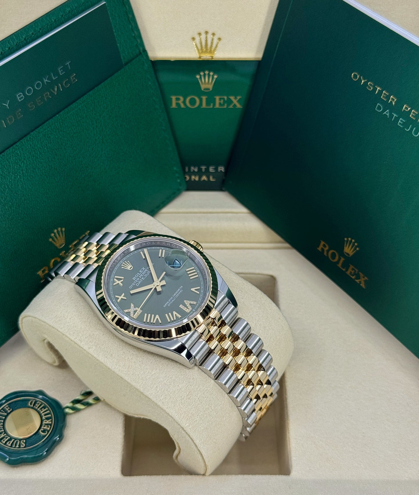 Rolex Datejust 36mm, 18k YG & Stainless Steel, Olive Green Roman Diamond, Jubilee, Ref# 126233-0049, dated 2026