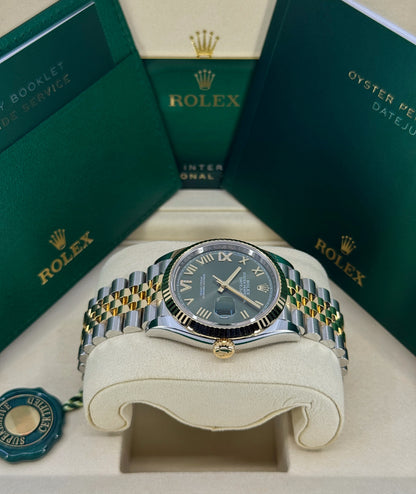 Rolex Datejust 36mm, 18k YG & Stainless Steel, Olive Green Roman Diamond, Jubilee, Ref# 126233-0049, dated 2026