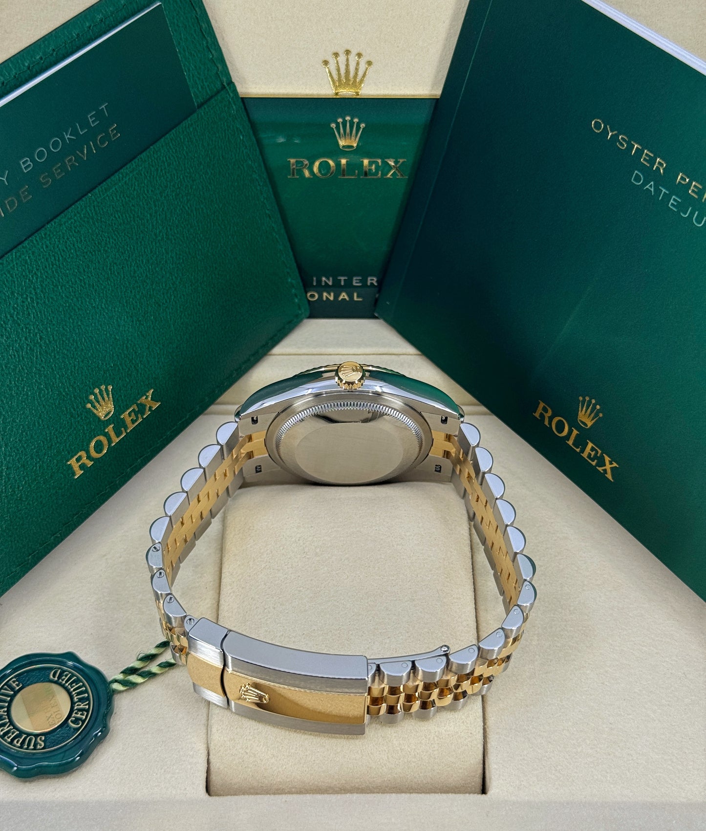 Rolex Datejust 36mm, 18k YG & Stainless Steel, Olive Green Roman Diamond, Jubilee, Ref# 126233-0049, dated 2026