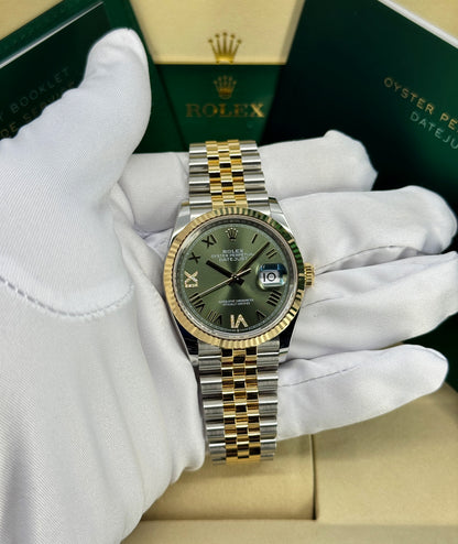 Rolex Datejust 36mm, 18k YG & Stainless Steel, Olive Green Roman Diamond, Jubilee, Ref# 126233-0049, dated 2026