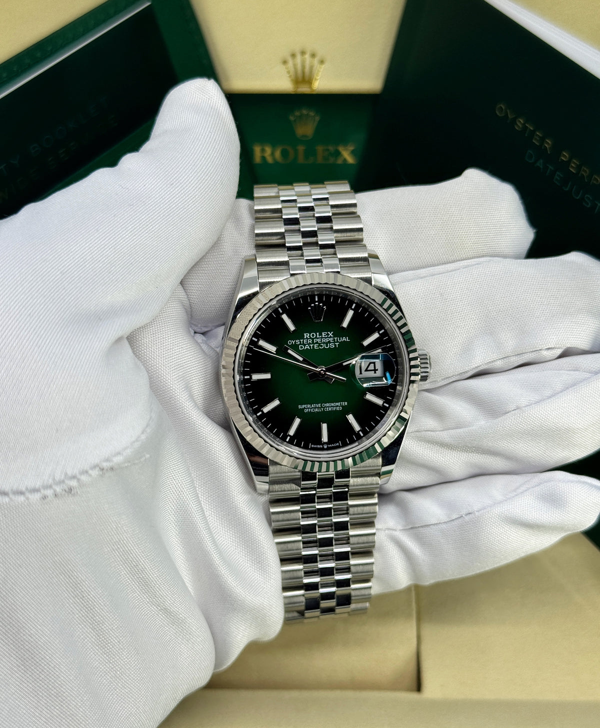 Rolex Datejust 36mm, Stainless Steel, Green Ombré, Jubilee, Ref# 126234-0059, dated 2026