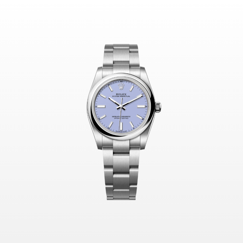 Rolex Oyster Perpetual 34mm, Stainless Steel, Lavender, Ref# 124200-0008, dated 2025
