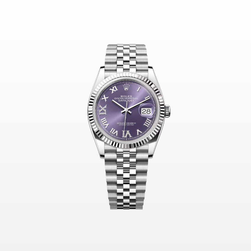 Rolex Datejust 36mm, Stainless Steel, Purple Roman Diamond, Jubilee, Ref# 126234-0021, dated 2025