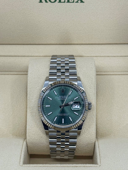 Pre-owned Rolex Datejust 36mm, Stainless Steel, Green, Jubilee, Ref# 126234-0051, dated 2023