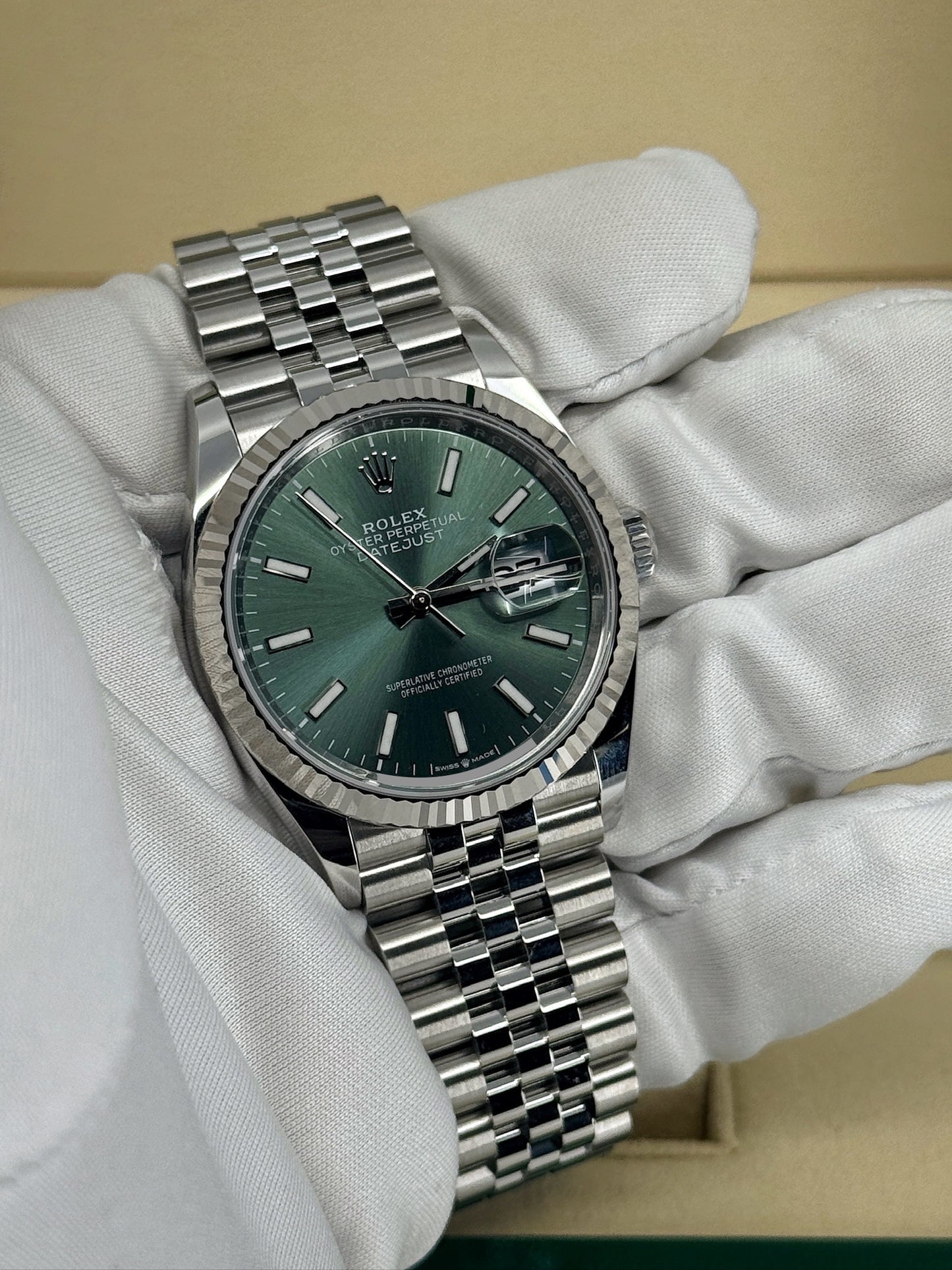 Pre-owned Rolex Datejust 36mm, Stainless Steel, Green, Jubilee, Ref# 126234-0051, dated 2023